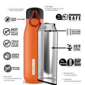 Dorati Sports Water Bottle Stainless Steel Vacuum Insulated (Keeps Cold for 24 Hours and hot for 12 Hours) Double Wall, BPA Free, Leak Proof, Non Slip Silicone Base Scratch Defense18 Oz (Orange) - deals in retail
