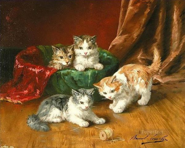 Oil Painting - Alfred Brunel de Neuville 4 kittens cat animals pet - Hand Painted Fine Art on Canvas as Wall Decor & Gift - singingpalette